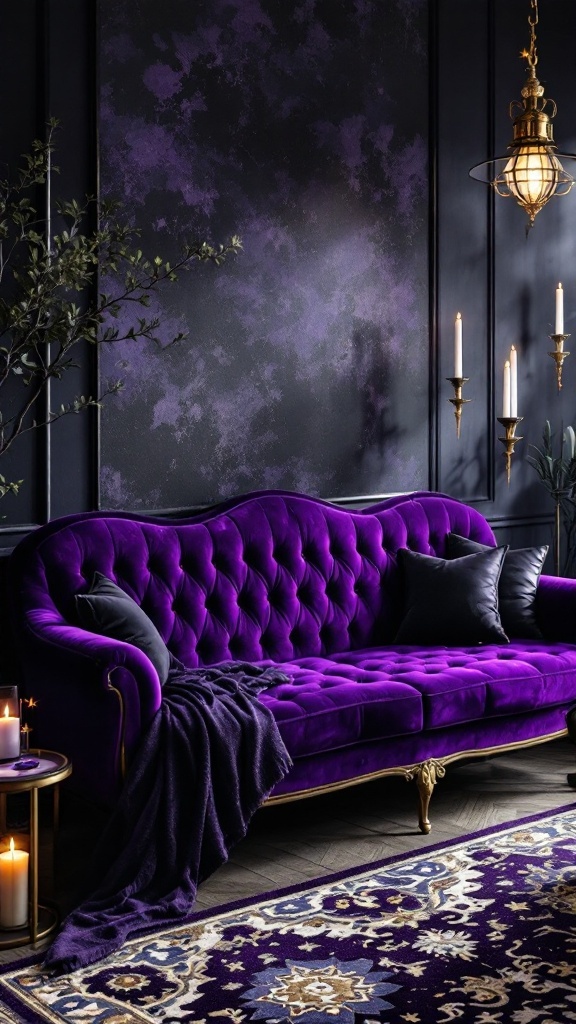 A luxurious purple velvet sofa in a dark room with candles and decorative elements.