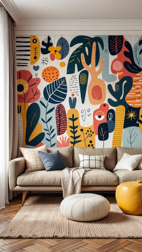 A vibrant living room with bold wallpaper featuring colorful plants and abstract designs.