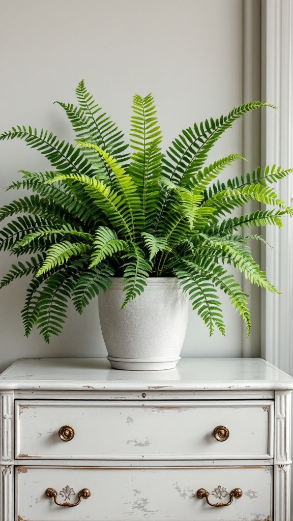 Boston Fern in a white pot on a vintage dresser