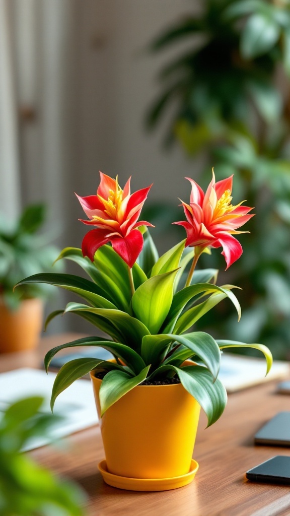 A vibrant bromeliad plant in a yellow pot on a wooden desk.