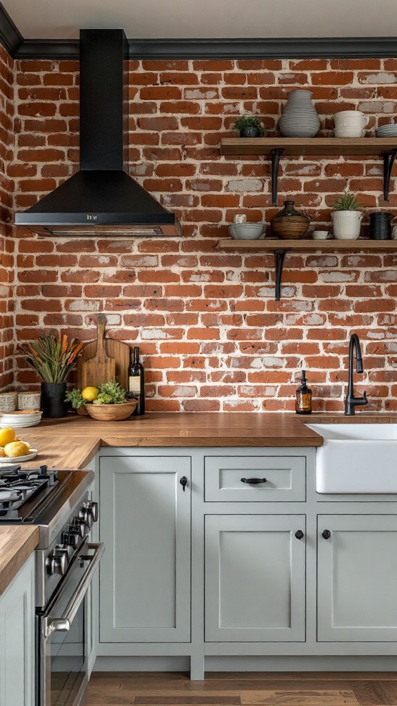 A kitchen featuring a rustic brick wall, modern cabinetry, and stylish decor.