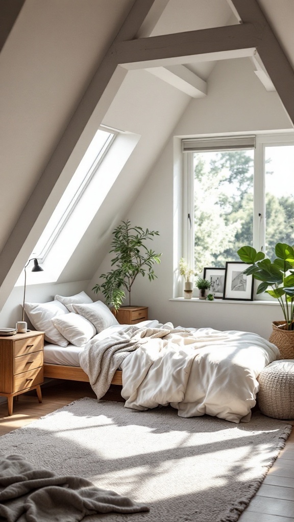 Bright and airy attic bedroom with large windows, wooden furniture, and soft textiles