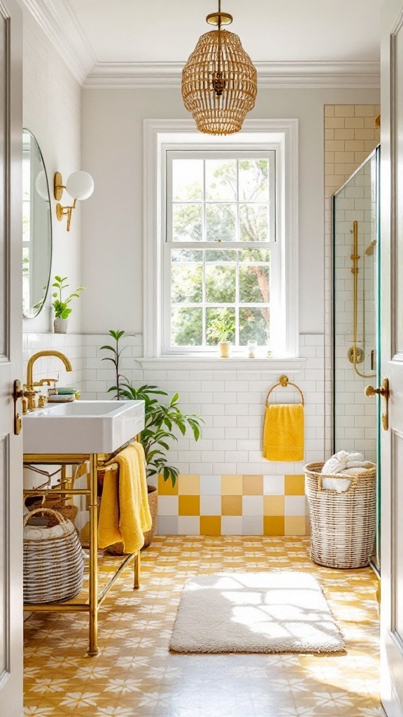 A bright bathroom featuring white walls and orange checkerboard floor tiles.