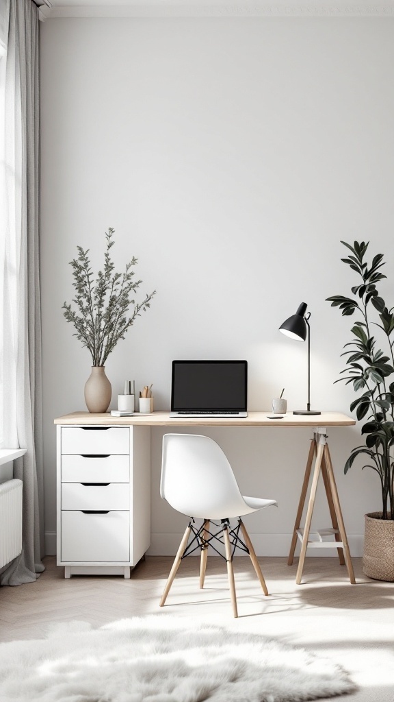 A bright and airy Scandinavian home office with a built-in Murphy desk, featuring light colors and natural materials.