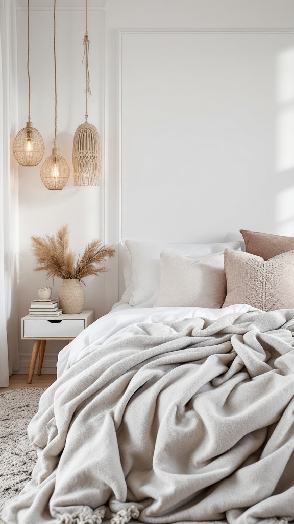 A Scandinavian bedroom featuring bright white walls, warm accents, and cozy textiles.