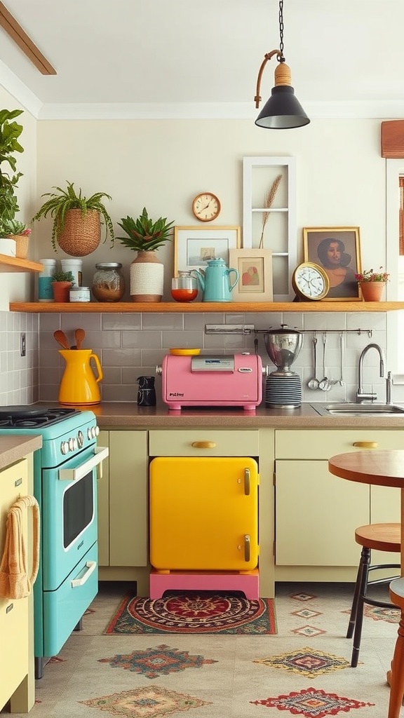 A boho kitchen with a yellow fridge, pink toaster, and colorful decor