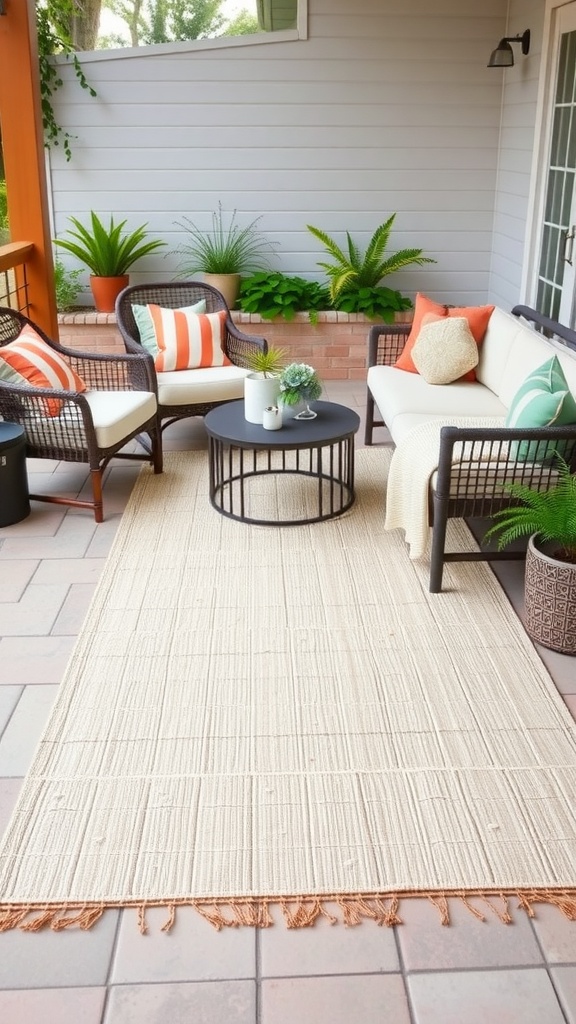 A cozy patio featuring a light-colored outdoor rug, comfortable seating with colorful cushions, and potted plants.