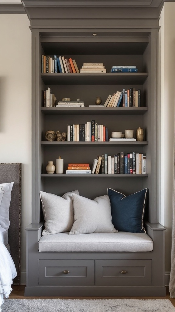 A cozy built-in bookshelf bench with books and pillows.