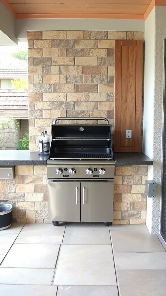 A stylish built-in grill station with a stainless steel grill, set against a textured stone wall.