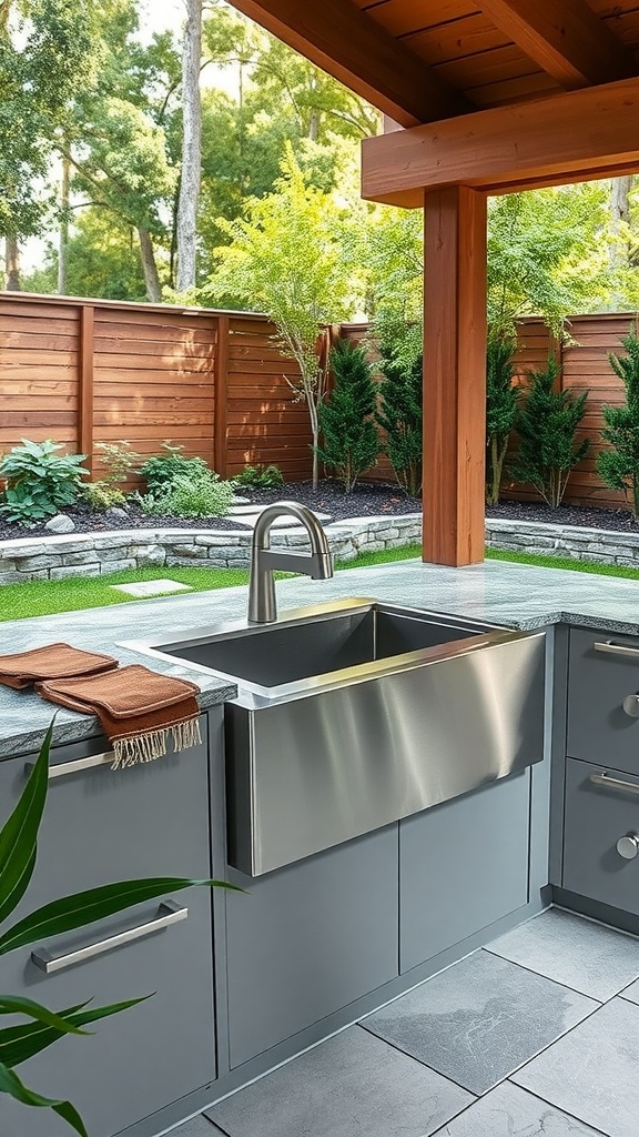 Modern outdoor kitchen featuring a built-in stainless steel sink with a quartz countertop.