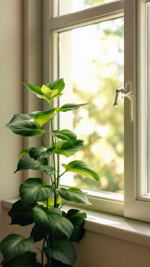 Butterfly Plant by a window, showcasing its vibrant green leaves.