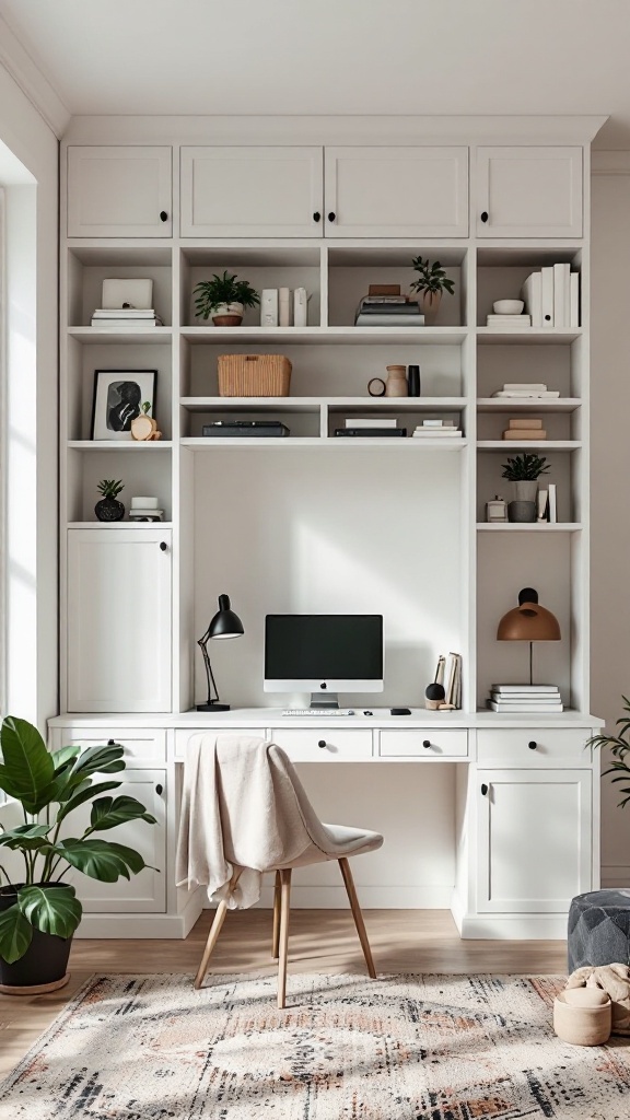 A Scandinavian home office featuring a built-in Murphy desk, calming colors, and organized shelves