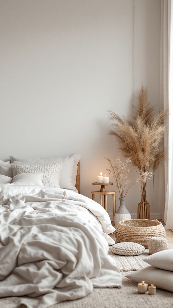 A calming Scandinavian bedroom with soft bedding, candles, and natural decor.