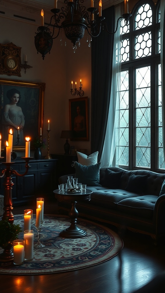 A gothic living room featuring candelabras and dark glass accents with candles and an elegant sofa.