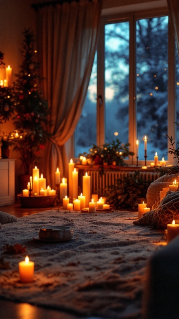 A cozy living room with multiple candles lit, creating a warm atmosphere.