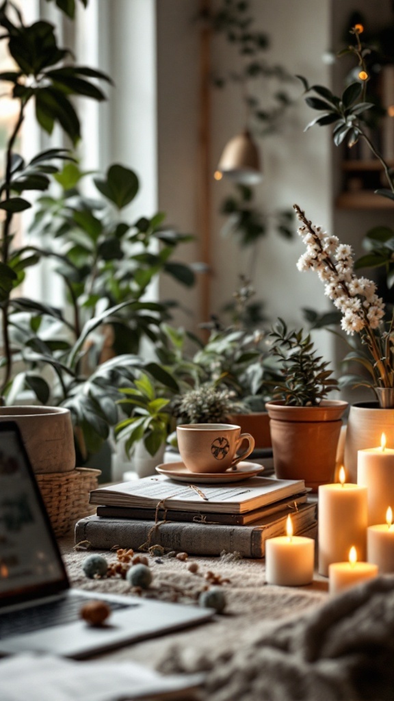 Cozy home office setup with plants, candles, and a cup of coffee.