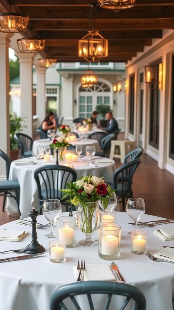 A beautifully arranged patio dining setting with candlelit centerpieces and elegant decor.