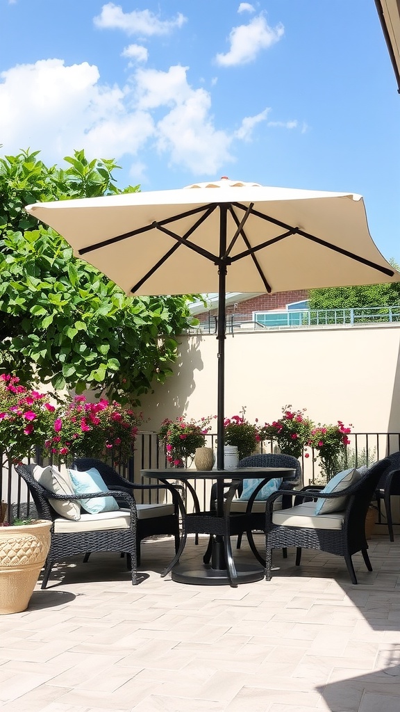 A patio with a large umbrella providing shade over a table and chairs, surrounded by flowers.