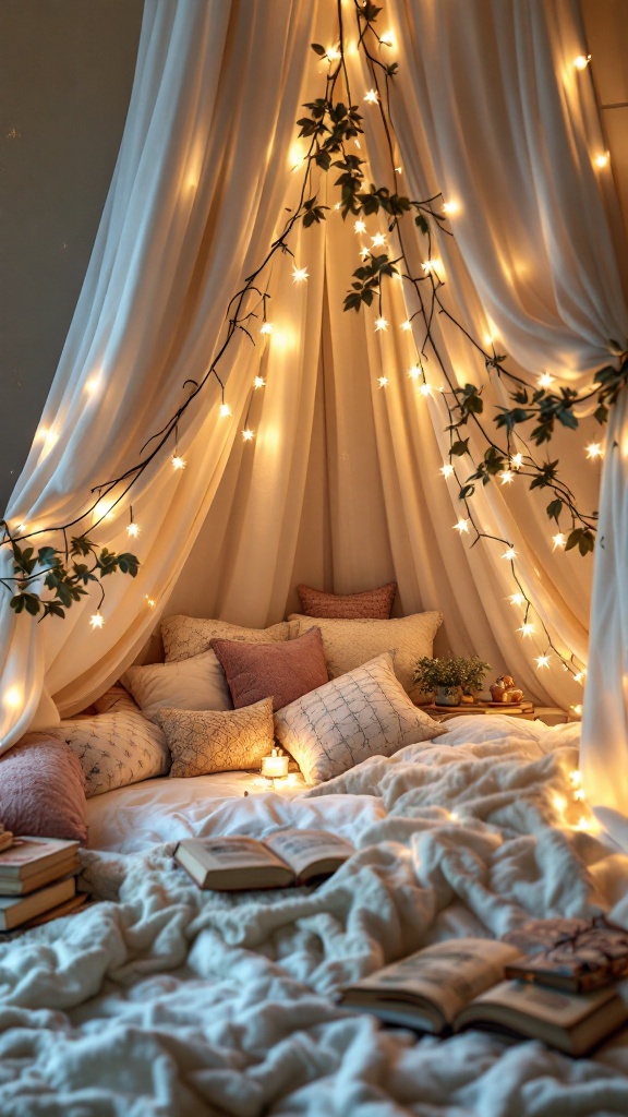 A cozy reading corner featuring a canopy bed with soft pillows, fairy lights, and books scattered around.