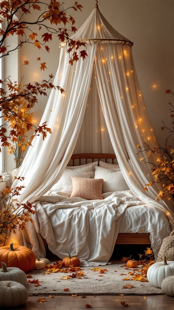 A cozy canopy bed with drapes and fairy lights, surrounded by fall decorations including pumpkins and autumn leaves.