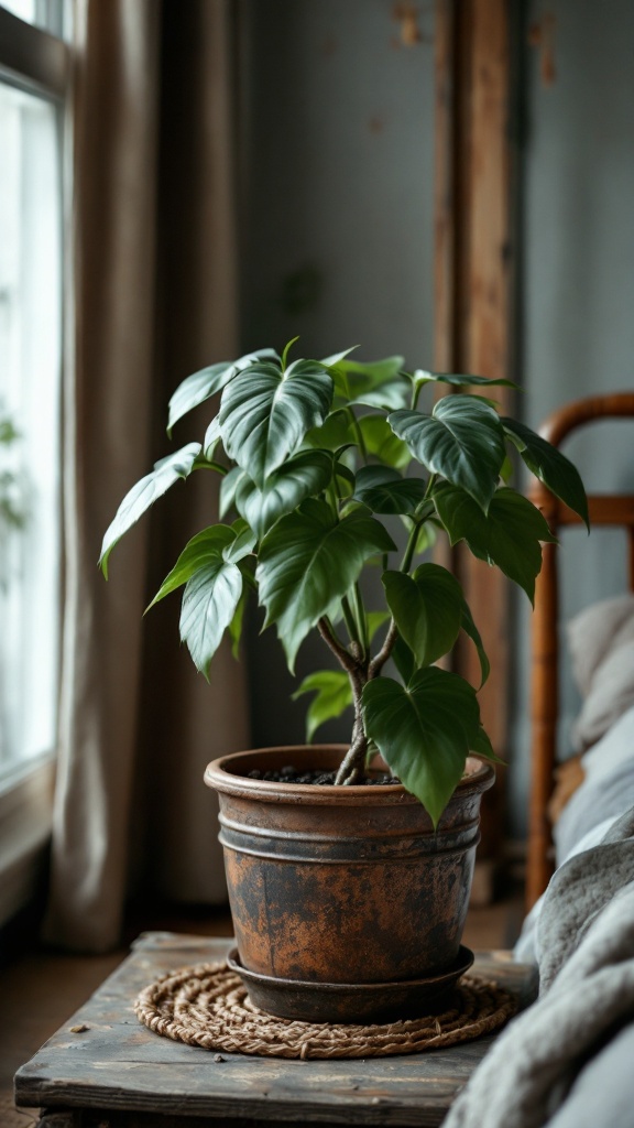 A Cast Iron Plant in a rustic pot placed on a wooden table near a window