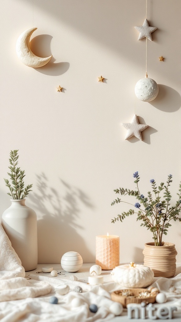 Celestial-themed decor with moon, stars, and calming colors