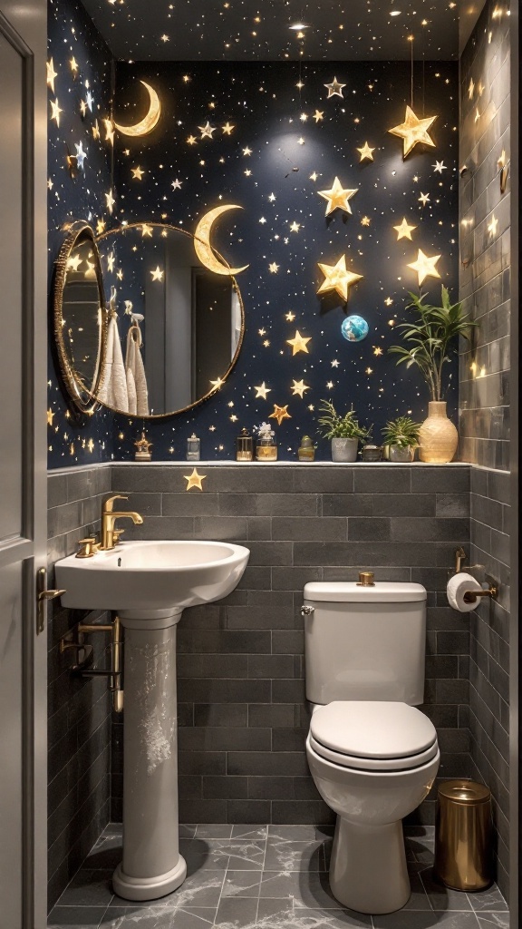 A bathroom with a celestial theme featuring starry walls, a round mirror, and gold accents.