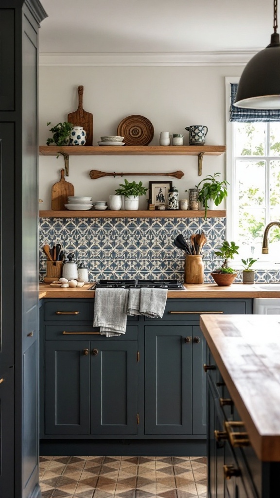 A cozy kitchen with cement tile backsplash, dark blue cabinets, wooden shelves, and plants.