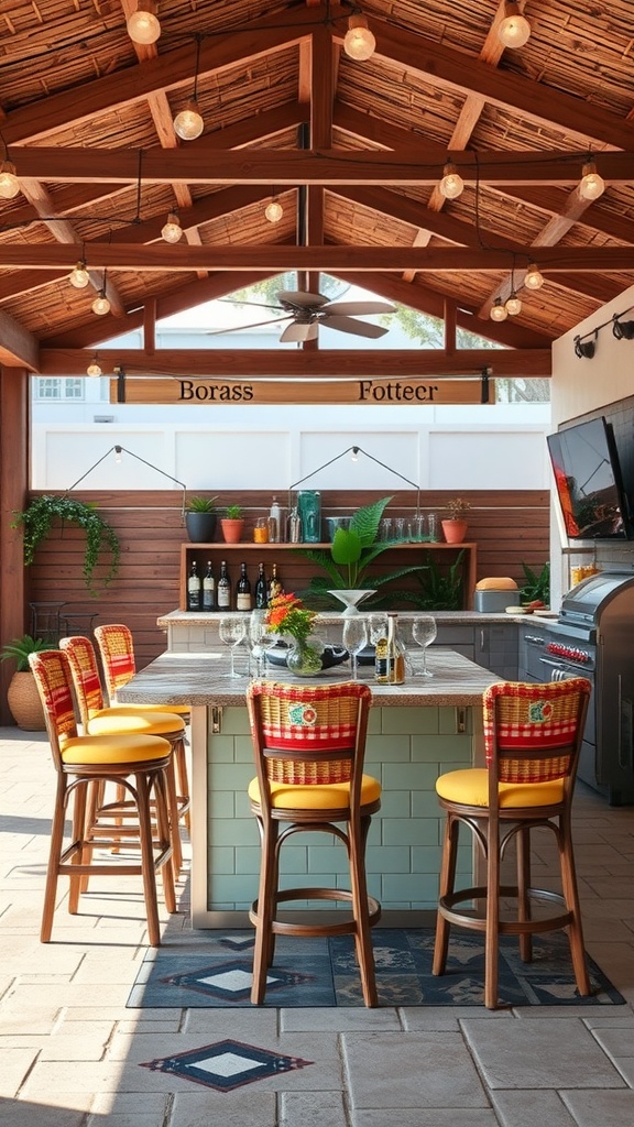 Outdoor kitchen bar area with colorful stools and a modern countertop