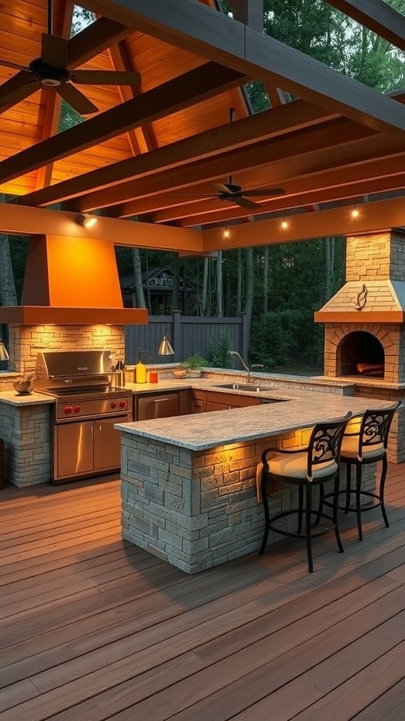 An outdoor kitchen bar area featuring a quartz countertop, stylish seating, and soft ambient lighting.