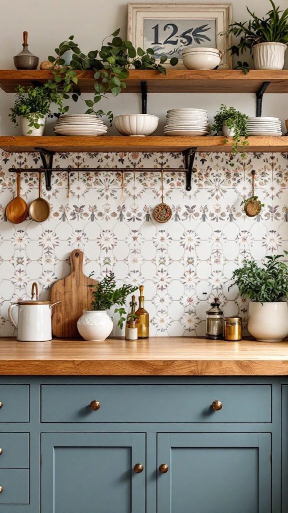 A kitchen featuring ceramic floral patterns on the wall, with wooden shelves and plants.