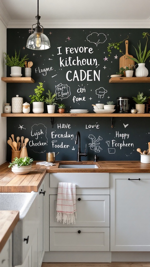 A kitchen featuring a chalkboard backsplash with handwritten messages and drawings.