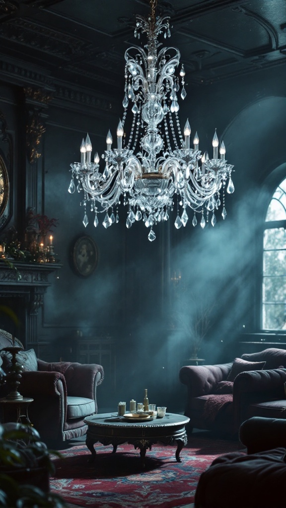 A stunning crystal chandelier hanging in a dark, atmospheric living room.