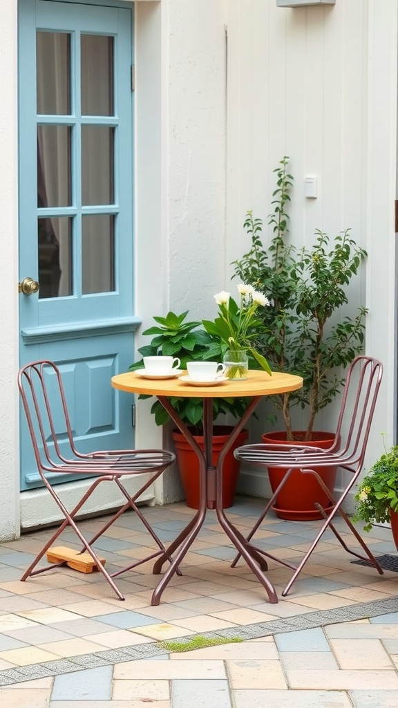 A small bistro set with a round wooden table and two metal chairs, surrounded by potted plants and a blue door.