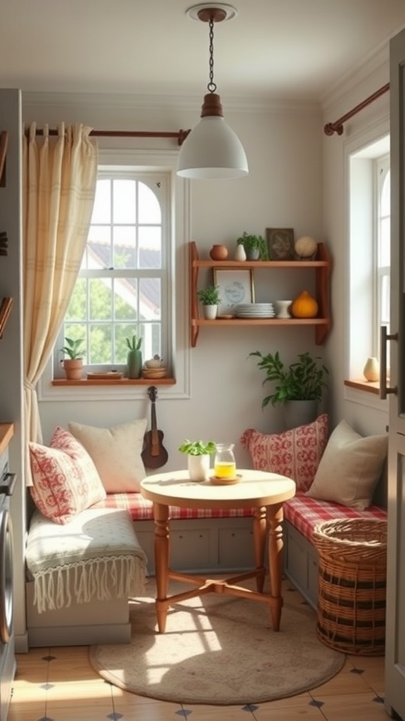 A cozy breakfast nook with a round table, comfortable seating, and natural light.