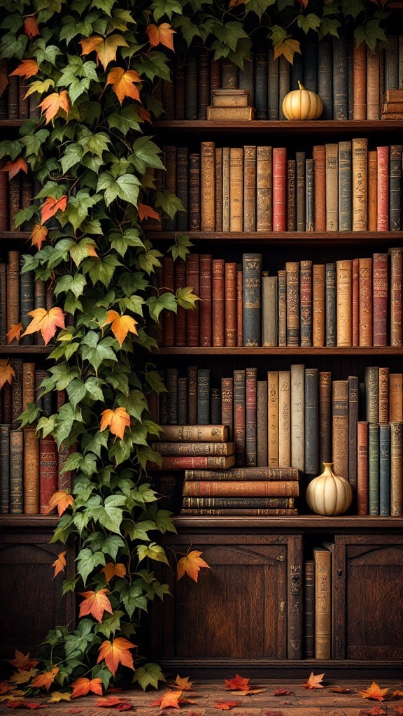 A cozy home office with English Ivy trailing down a bookshelf filled with books and a small pumpkin.