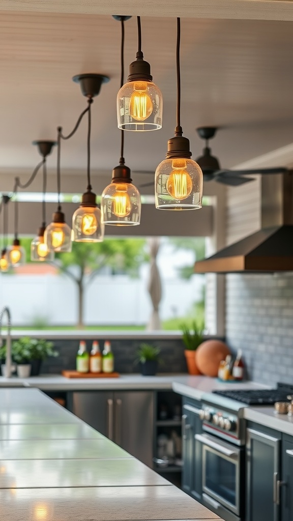 Charming lighting fixtures hang above a modern outdoor kitchen bar area.