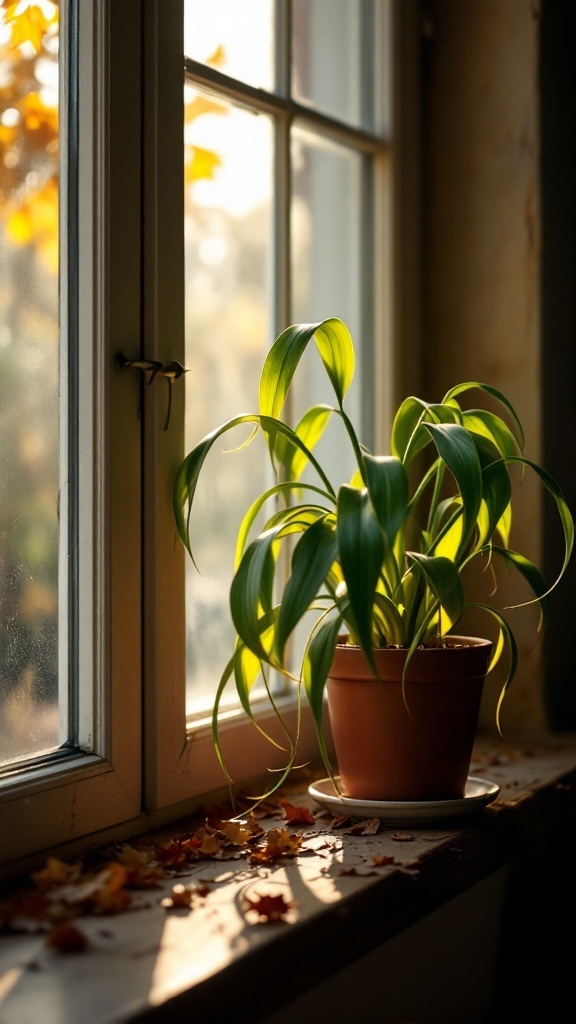 A spider plant in a pot on a windowsill with autumn leaves scattered nearby.