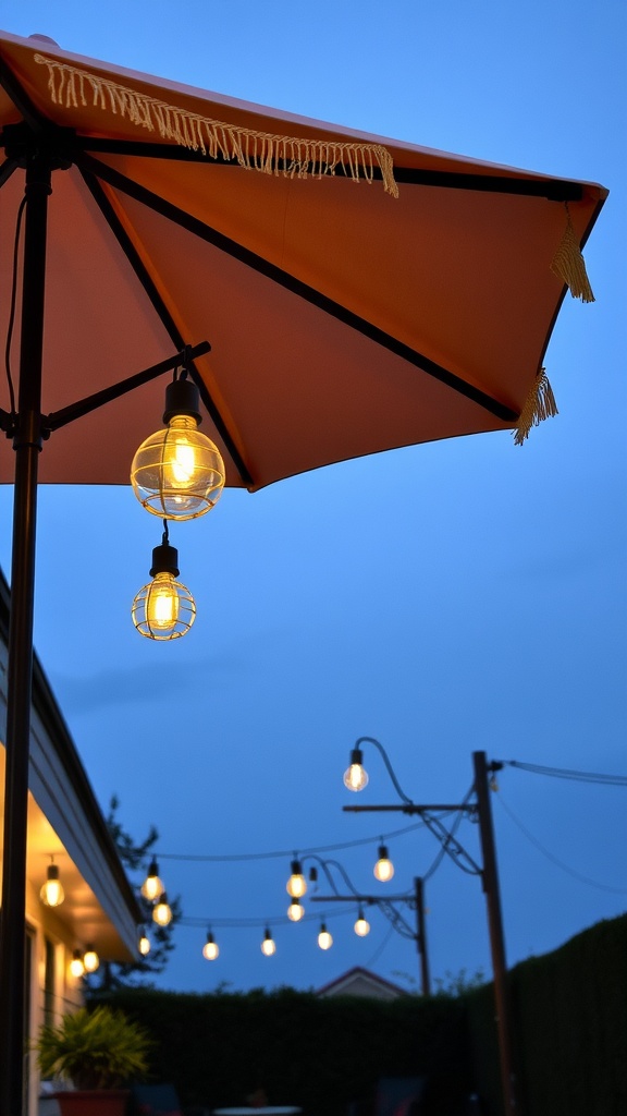 A charming umbrella with lights hanging under it, creating a cozy outdoor setting.