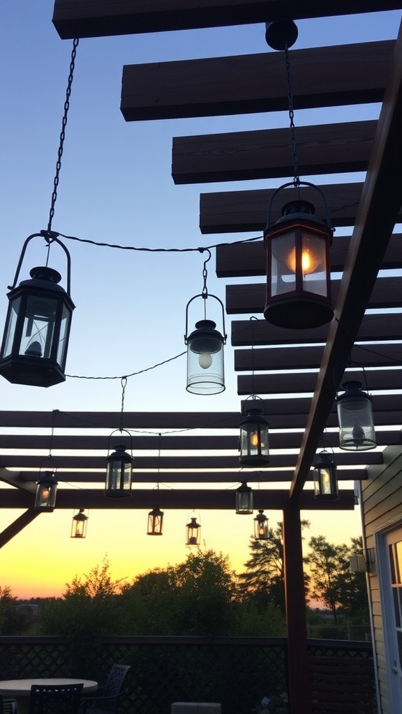 Hanging vintage lanterns illuminating a patio at sunset.