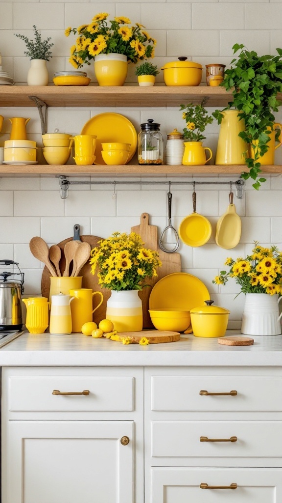 Farmhouse kitchen featuring cheerful yellow accessories and decor.