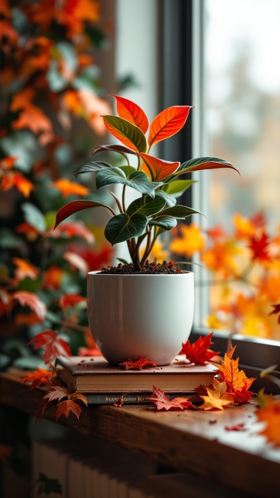 A charming ZZ plant on a windowsill surrounded by autumn leaves.