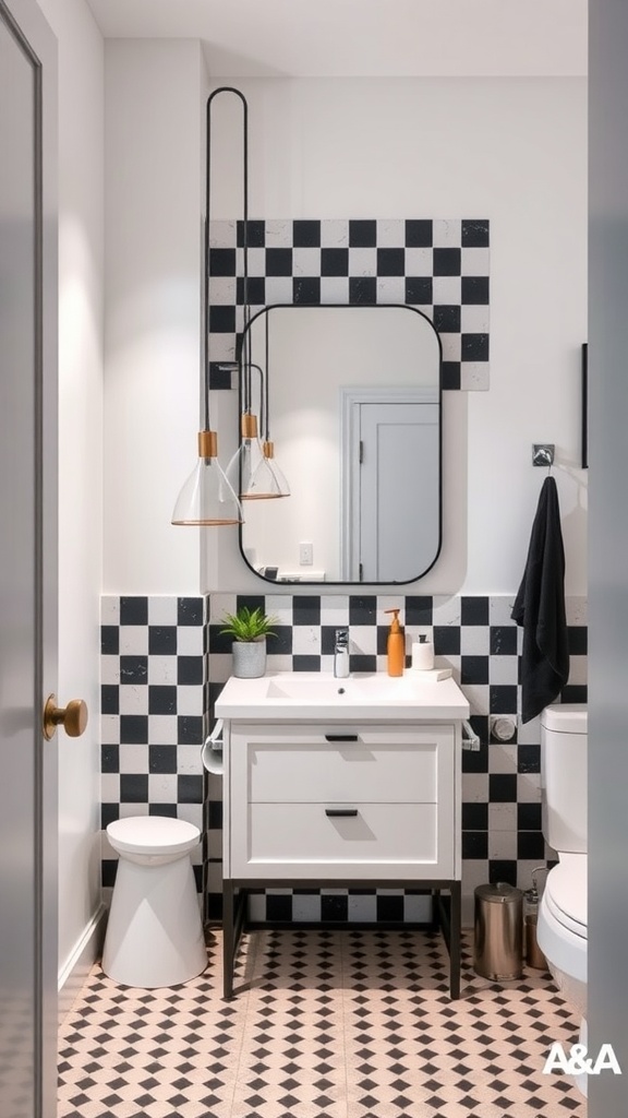 Modern bathroom with a checkerboard accent wall featuring black and white tiles.