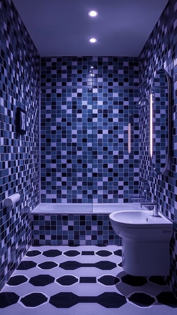 A modern bathroom featuring checkerboard tiles with unique lighting