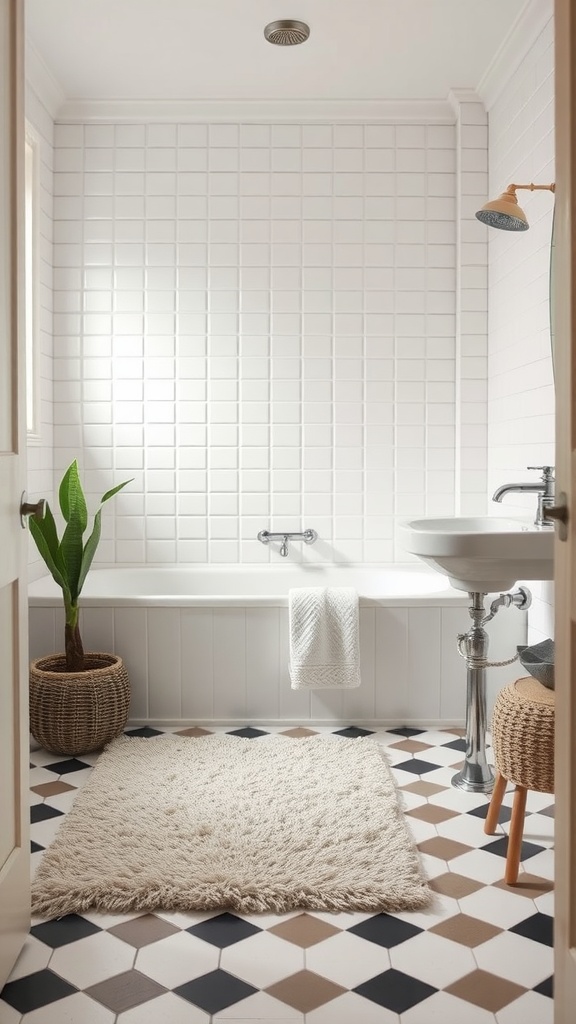 A cozy bathroom featuring checkerboard tiles and a soft rug