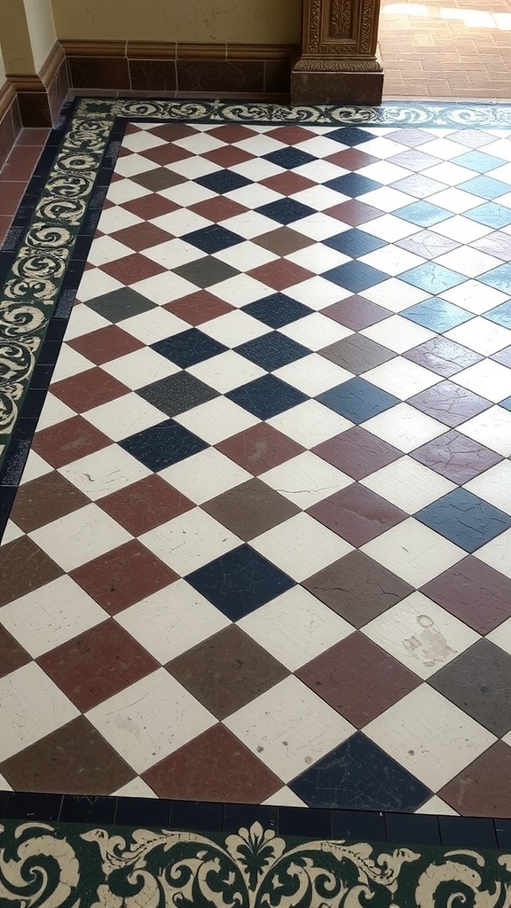 A checkerboard floor with mosaic borders in a bathroom setting.