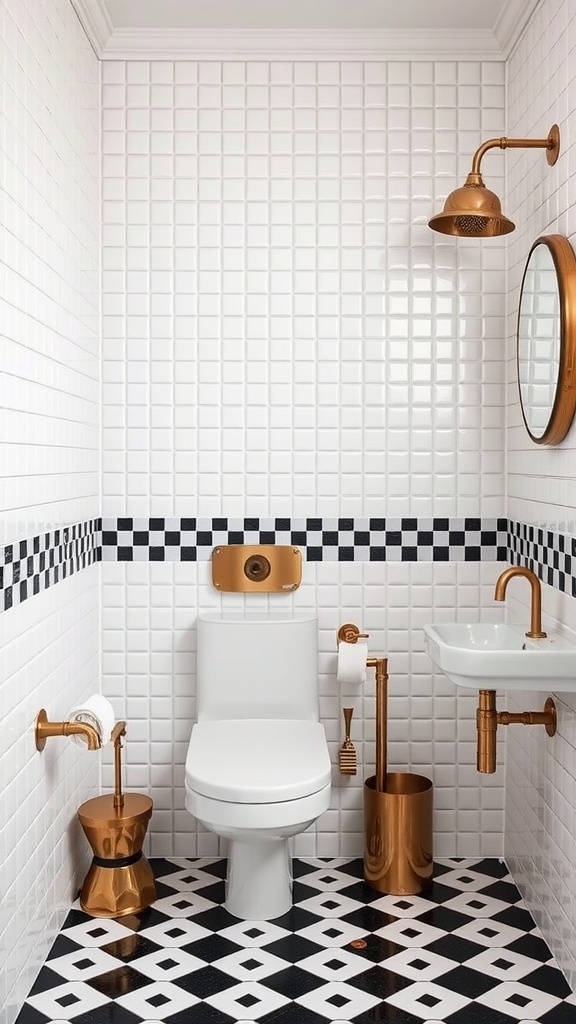 A modern bathroom featuring checkerboard tiles, a white toilet, and stylish brass fixtures.