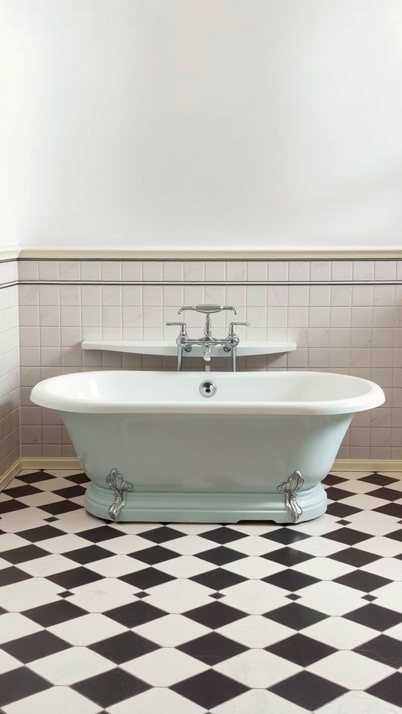 A stylish bathroom featuring a vintage bathtub on a checkerboard tiled floor.