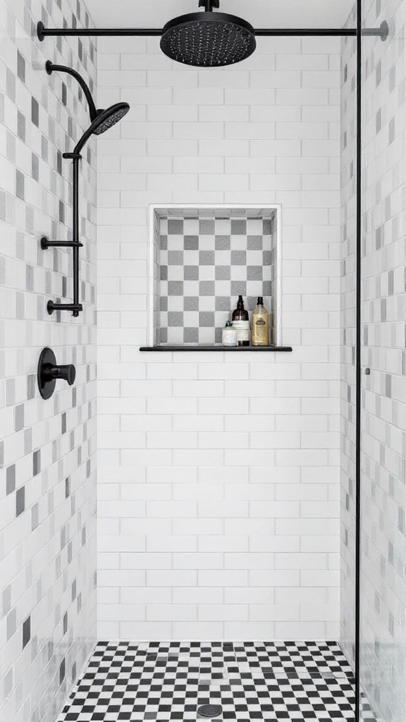 Stylish shower niche with checkerboard tiles and showerhead.