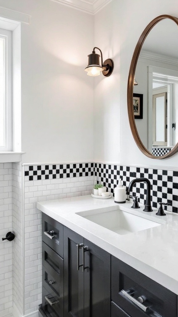 A bathroom featuring a checkerboard tile backsplash with blue and white tiles.